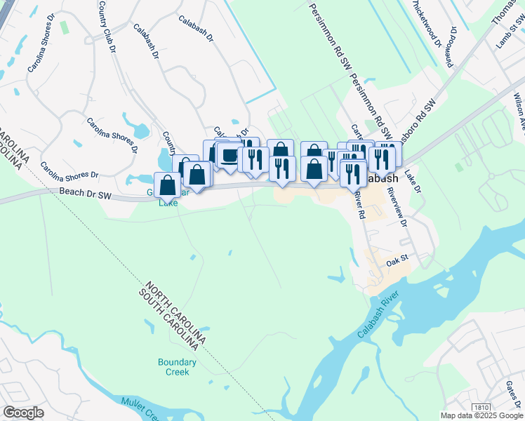 map of restaurants, bars, coffee shops, grocery stores, and more near 10121 Boundary Drive Southwest in Calabash