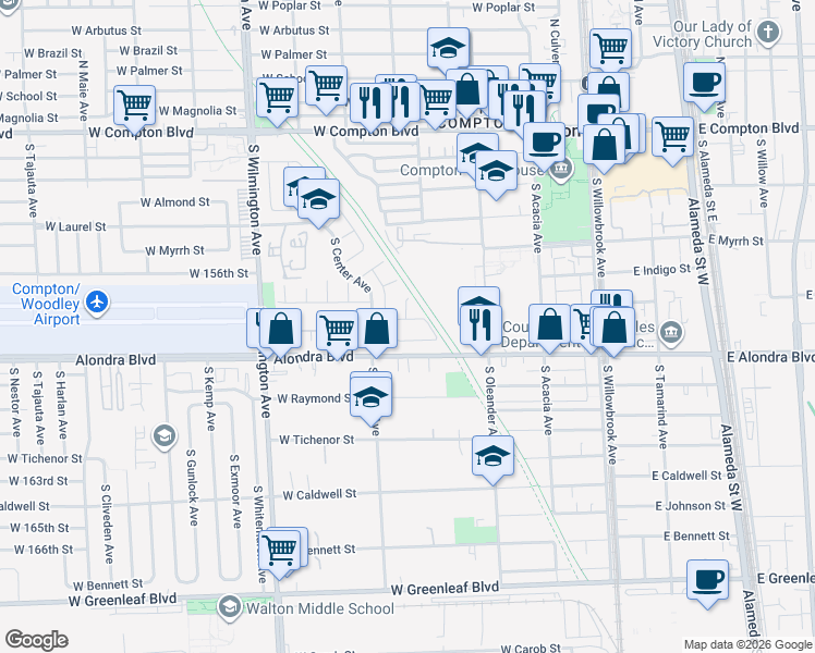map of restaurants, bars, coffee shops, grocery stores, and more near 530 West Cypress Street in Compton