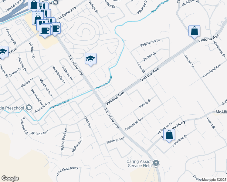 map of restaurants, bars, coffee shops, grocery stores, and more near 10957 Stonehenge Place in Riverside