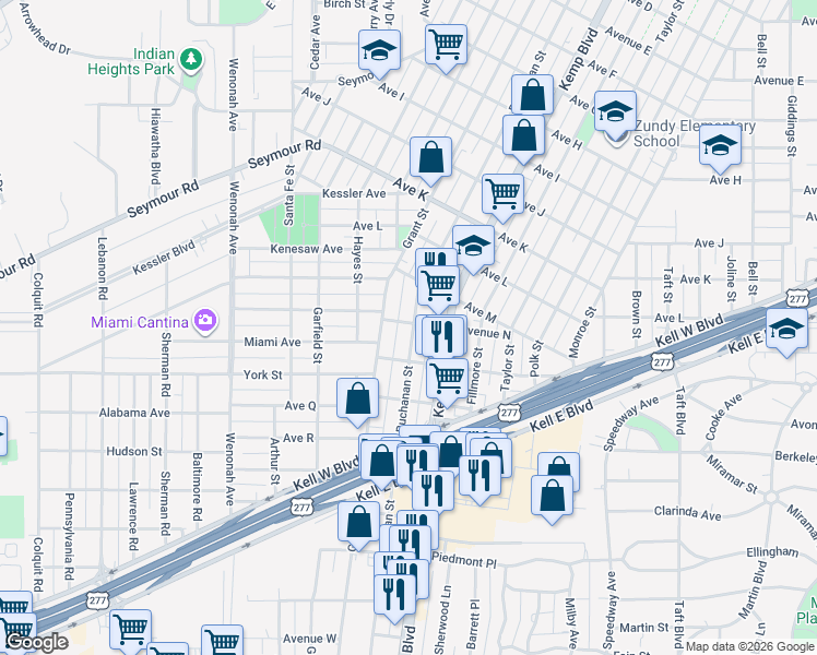 map of restaurants, bars, coffee shops, grocery stores, and more near 2404 Buchanan Street in Wichita Falls