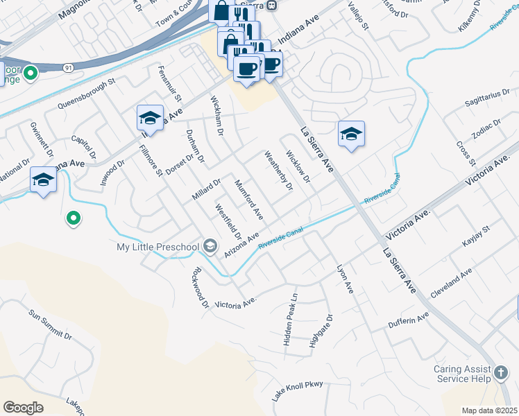 map of restaurants, bars, coffee shops, grocery stores, and more near 3051 Mumford Avenue in Riverside