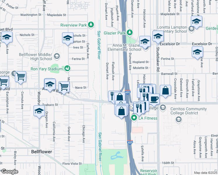 map of restaurants, bars, coffee shops, grocery stores, and more near 15526 Domart Avenue in Norwalk