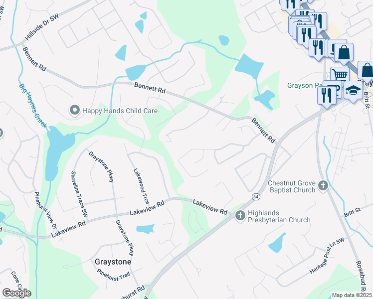 map of restaurants, bars, coffee shops, grocery stores, and more near 931 Windsor Creek Drive in Grayson