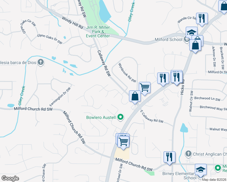 map of restaurants, bars, coffee shops, grocery stores, and more near 2640 Windage Drive Southwest in Marietta