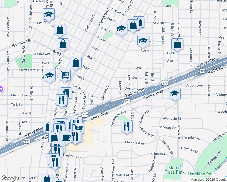 map of restaurants, bars, coffee shops, grocery stores, and more near 2202 Shepherd Street in Wichita Falls
