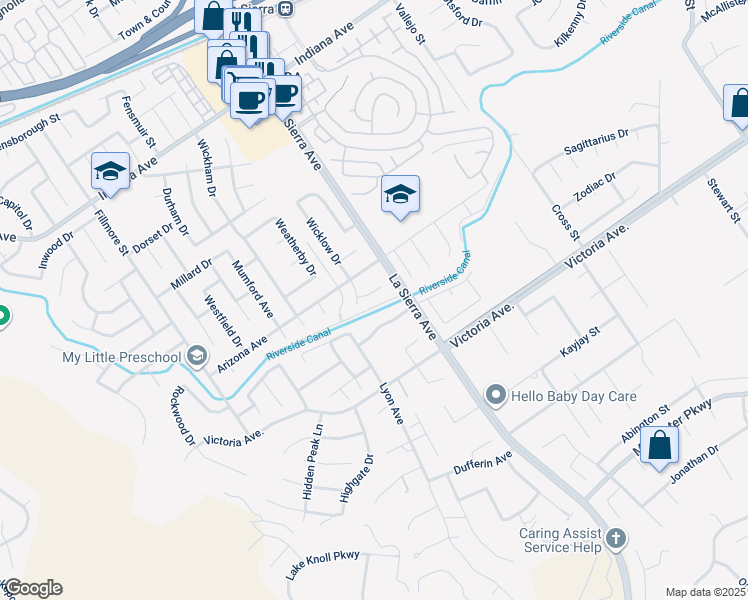 map of restaurants, bars, coffee shops, grocery stores, and more near 11126 Violet Court in Riverside