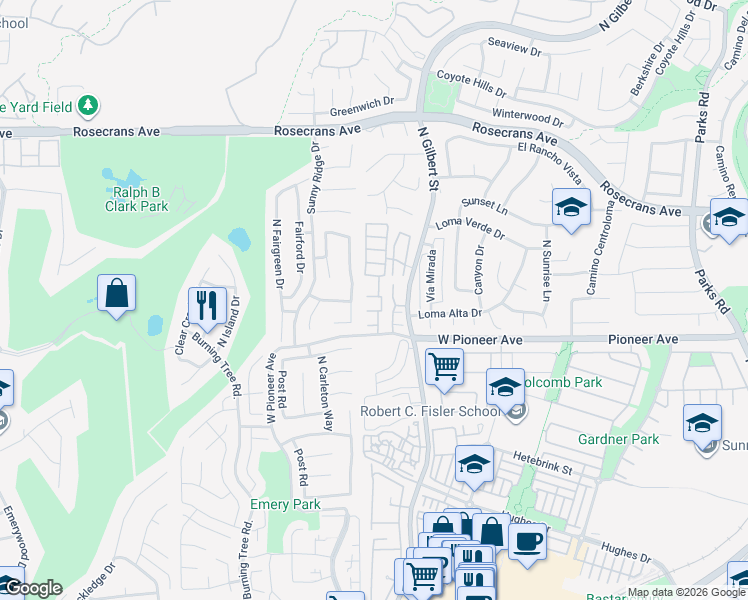 map of restaurants, bars, coffee shops, grocery stores, and more near 1563 Avenida Selva in Fullerton