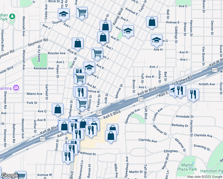 map of restaurants, bars, coffee shops, grocery stores, and more near 2207 Polk Street in Wichita Falls