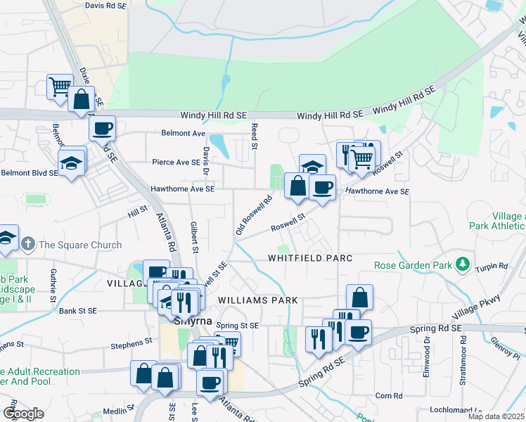 map of restaurants, bars, coffee shops, grocery stores, and more near 2599 Old Roswell Road in Smyrna
