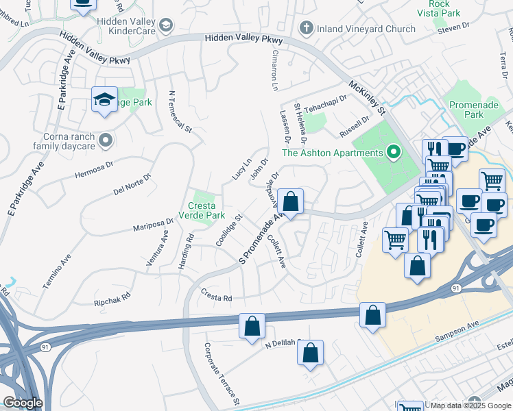 map of restaurants, bars, coffee shops, grocery stores, and more near 1850 Coolidge Street in Corona