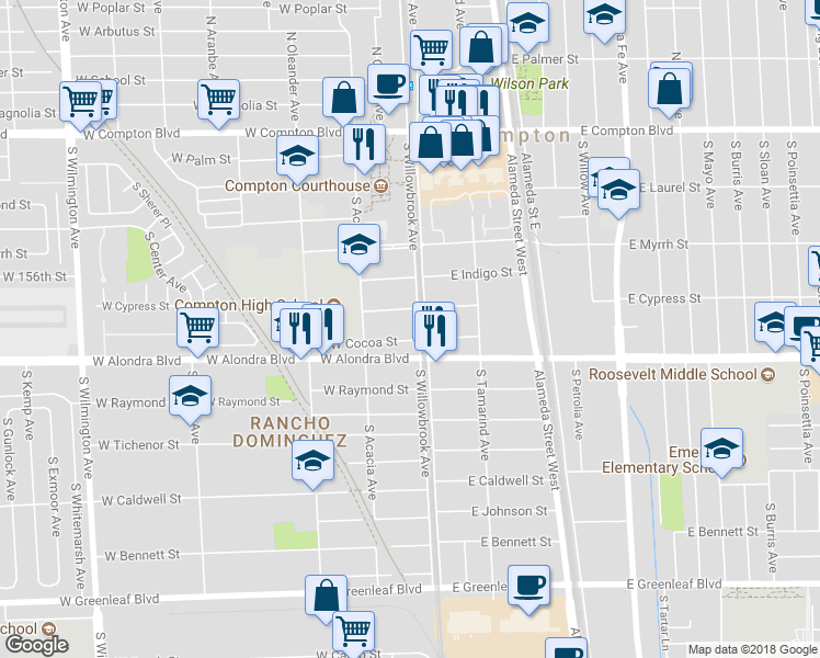 map of restaurants, bars, coffee shops, grocery stores, and more near 717 South Willowbrook Avenue in Compton