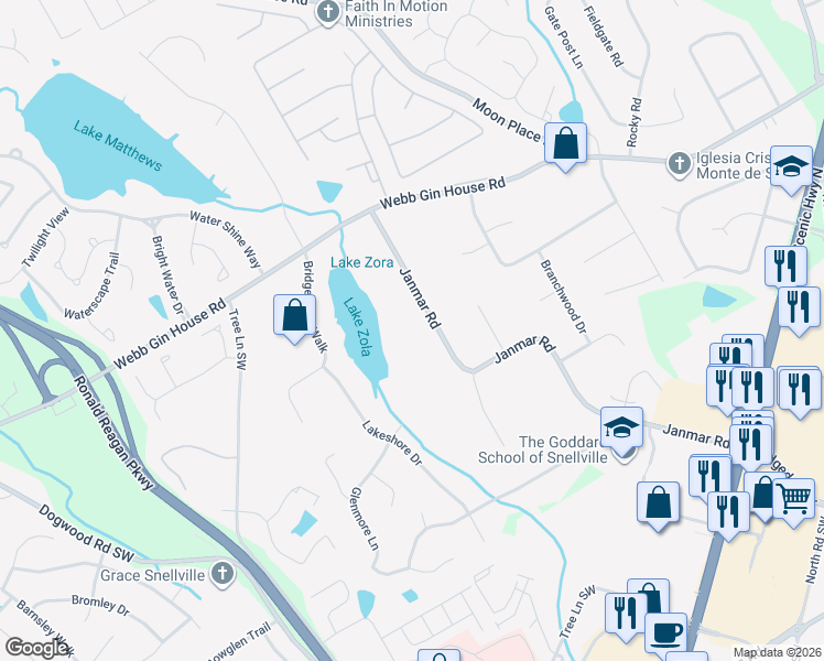 map of restaurants, bars, coffee shops, grocery stores, and more near 1319 Janmar Road in Snellville