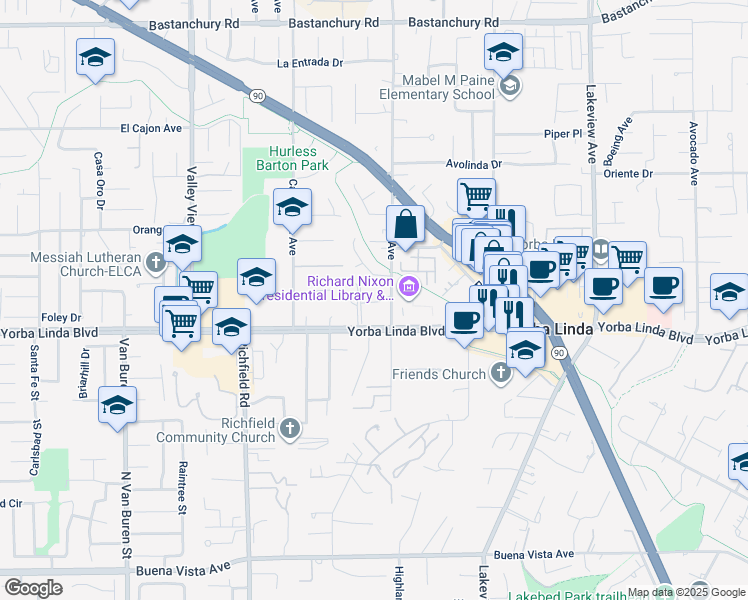 map of restaurants, bars, coffee shops, grocery stores, and more near 17851 Linda Drive in Yorba Linda