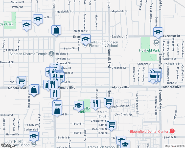map of restaurants, bars, coffee shops, grocery stores, and more near 12054 Lowemont Street in Norwalk