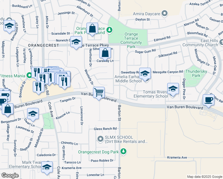 map of restaurants, bars, coffee shops, grocery stores, and more near 8931 Kentville Street in Riverside