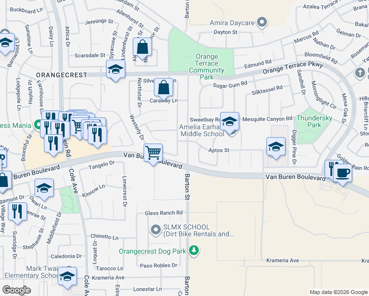 map of restaurants, bars, coffee shops, grocery stores, and more near 8926 Barton Street in Riverside