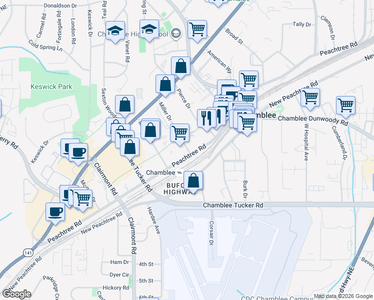 map of restaurants, bars, coffee shops, grocery stores, and more near 5300 Peachtree Road in Chamblee