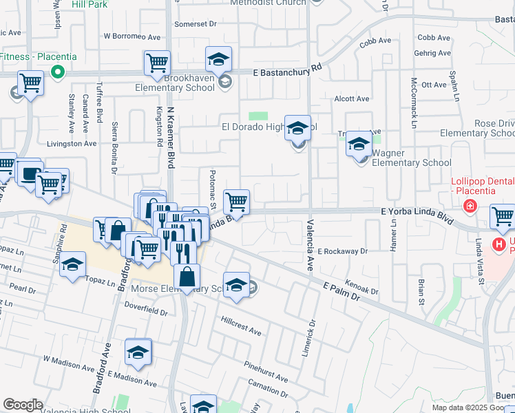 map of restaurants, bars, coffee shops, grocery stores, and more near 408 Tahoe Avenue in Placentia