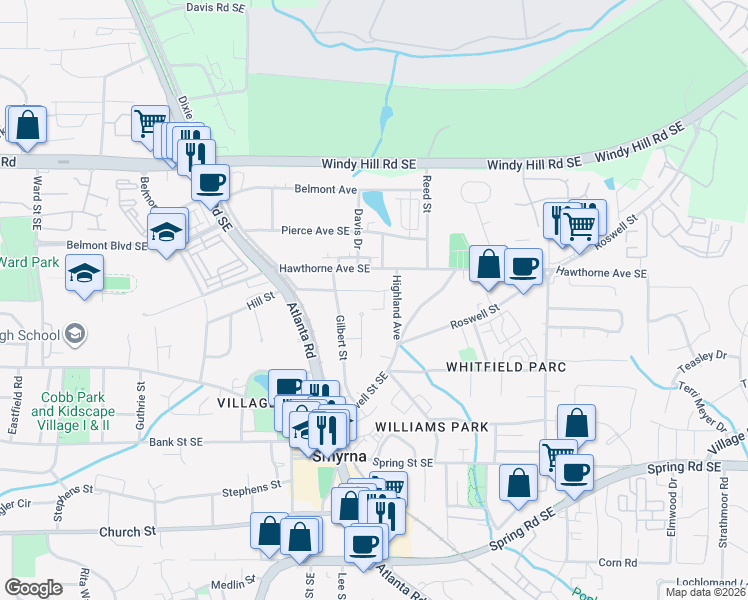map of restaurants, bars, coffee shops, grocery stores, and more near 1386 Marston Street Southeast in Smyrna