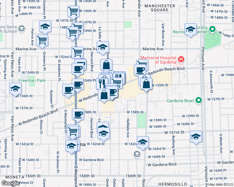 map of restaurants, bars, coffee shops, grocery stores, and more near 1550 West Redondo Beach Boulevard in Gardena