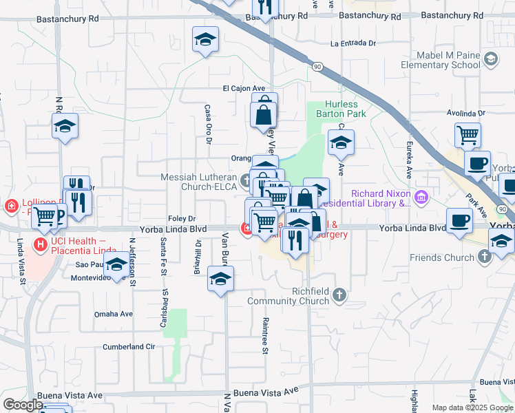map of restaurants, bars, coffee shops, grocery stores, and more near 4930 Liverpool Street in Yorba Linda