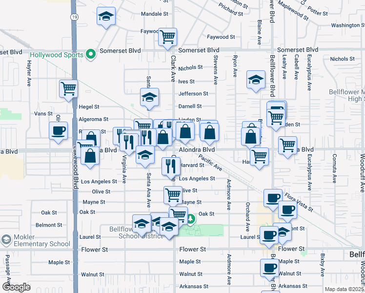map of restaurants, bars, coffee shops, grocery stores, and more near 9423 Alondra Boulevard in Bellflower