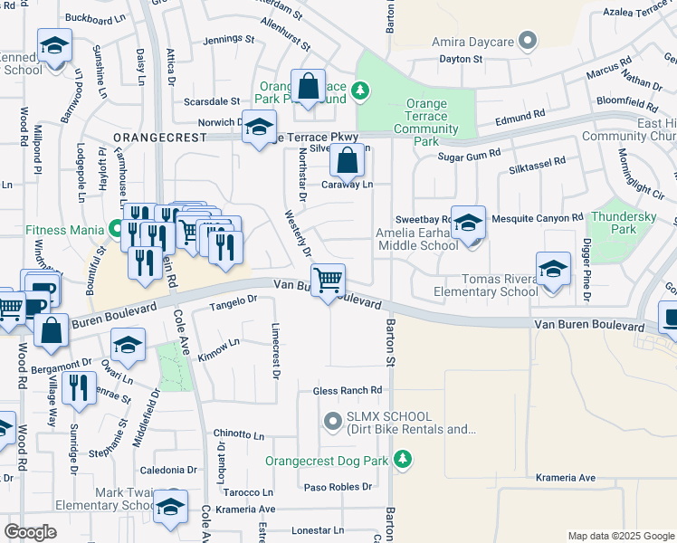 map of restaurants, bars, coffee shops, grocery stores, and more near 19954 Westerly Drive in Riverside