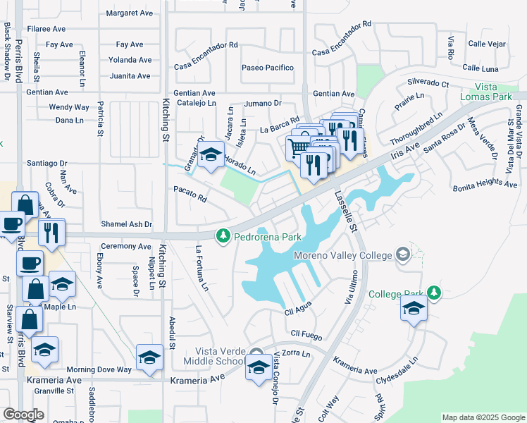 map of restaurants, bars, coffee shops, grocery stores, and more near 25796 Iris Avenue in Moreno Valley