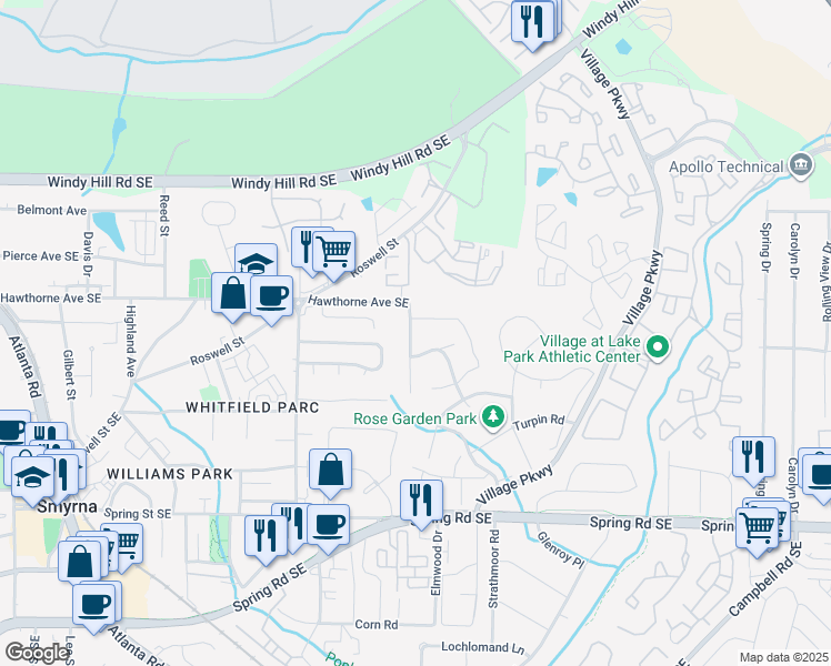 map of restaurants, bars, coffee shops, grocery stores, and more near 2571 Davenport Street in Smyrna