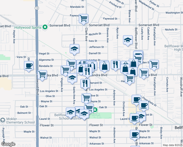 map of restaurants, bars, coffee shops, grocery stores, and more near 9423 Alondra Boulevard in Bellflower