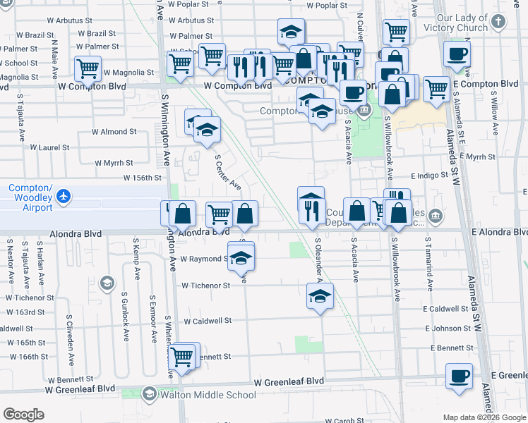 map of restaurants, bars, coffee shops, grocery stores, and more near 530 West Cypress Street in Compton