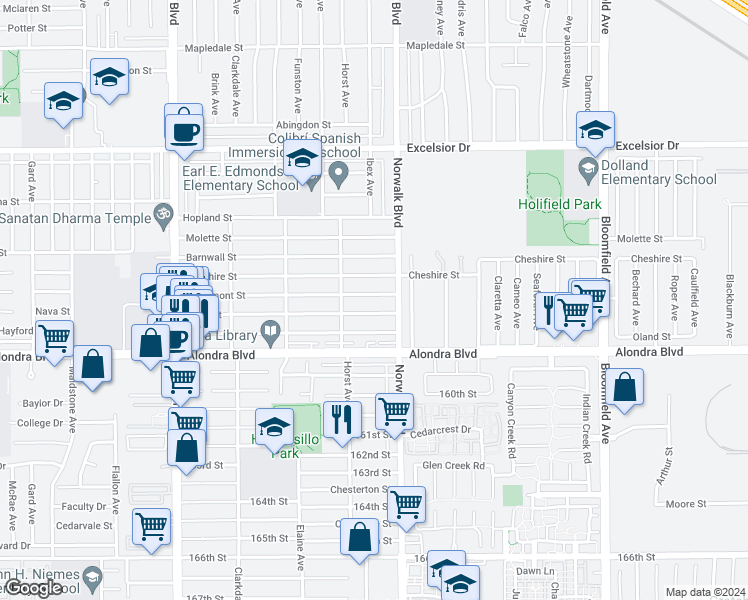 map of restaurants, bars, coffee shops, grocery stores, and more near 12140 Lowemont Street in Norwalk