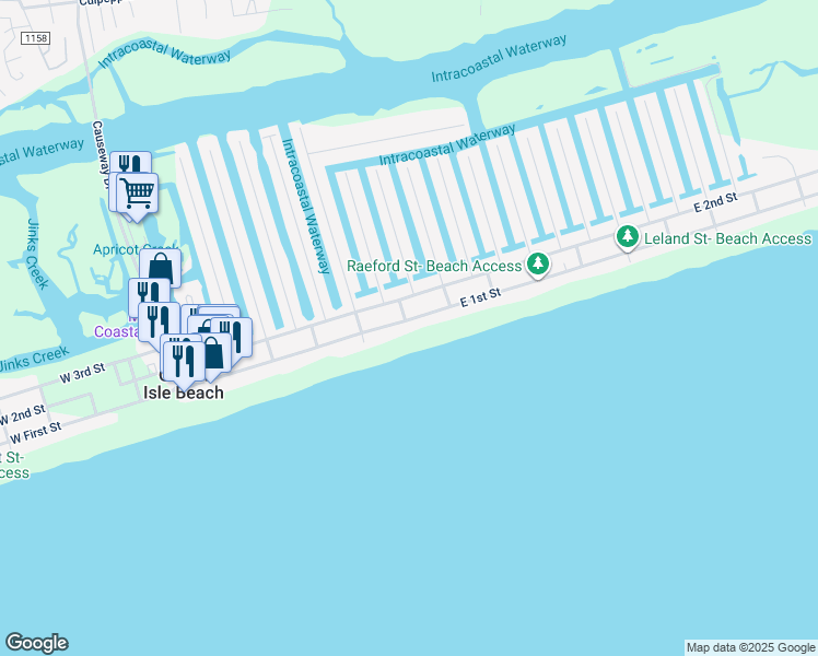 map of restaurants, bars, coffee shops, grocery stores, and more near 106 East 1st Street in Ocean Isle Beach