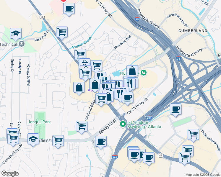 map of restaurants, bars, coffee shops, grocery stores, and more near 2761 Windy Ridge Parkway Southeast in Atlanta
