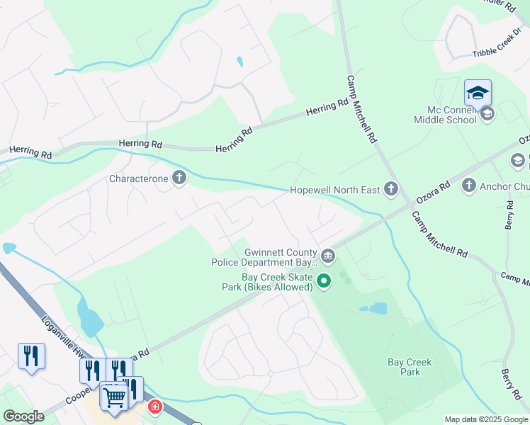 map of restaurants, bars, coffee shops, grocery stores, and more near 129 White Rose Court Southeast in Loganville