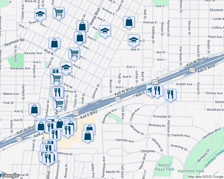 map of restaurants, bars, coffee shops, grocery stores, and more near 2203 Brown Street in Wichita Falls