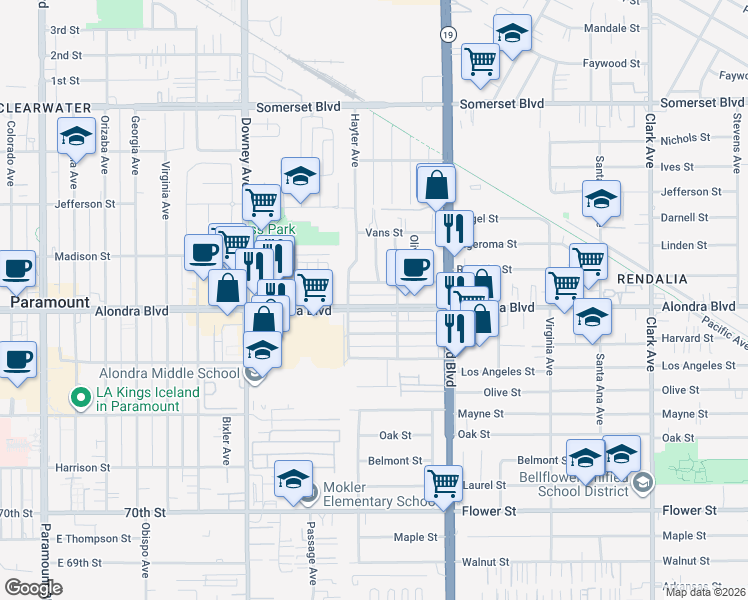 map of restaurants, bars, coffee shops, grocery stores, and more near 8737 Alondra Boulevard in Paramount