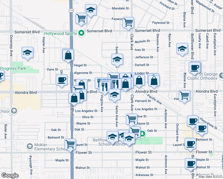 map of restaurants, bars, coffee shops, grocery stores, and more near 9235 Alondra Boulevard in Bellflower