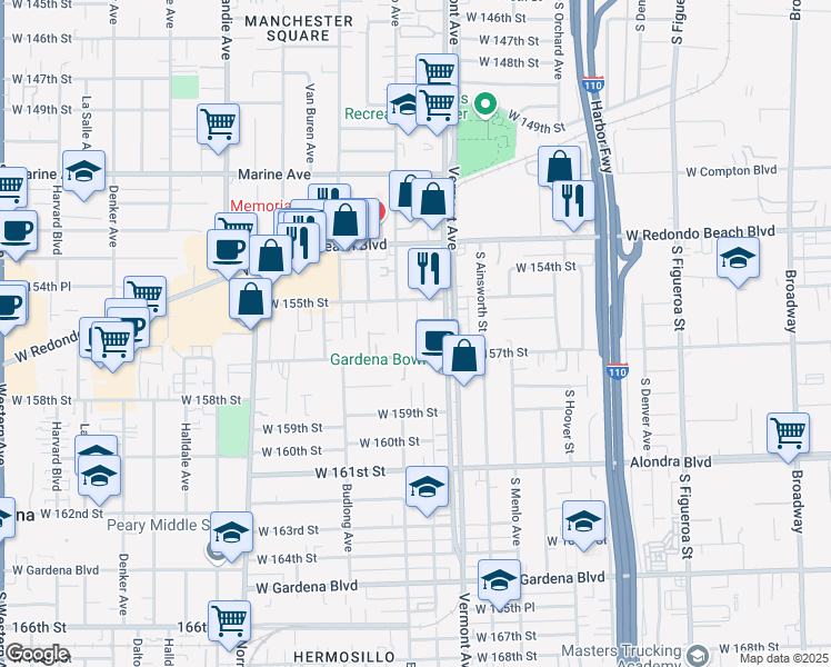map of restaurants, bars, coffee shops, grocery stores, and more near 15517 New Hampshire Avenue in Gardena