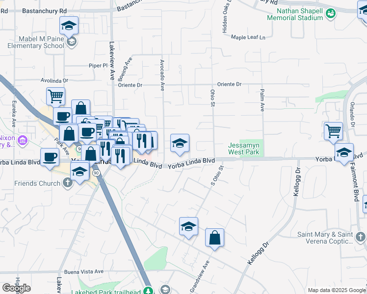 map of restaurants, bars, coffee shops, grocery stores, and more near 18822 Deville Drive in Yorba Linda