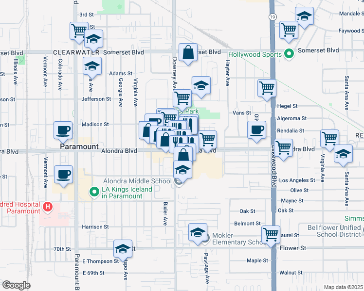 map of restaurants, bars, coffee shops, grocery stores, and more near 8521 Alondra Boulevard in Paramount