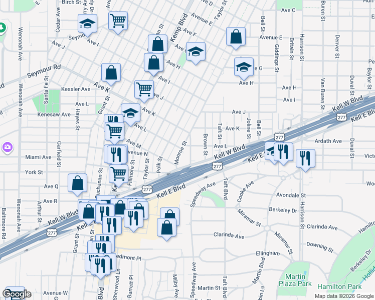 map of restaurants, bars, coffee shops, grocery stores, and more near 2202 Shepherd Street in Wichita Falls