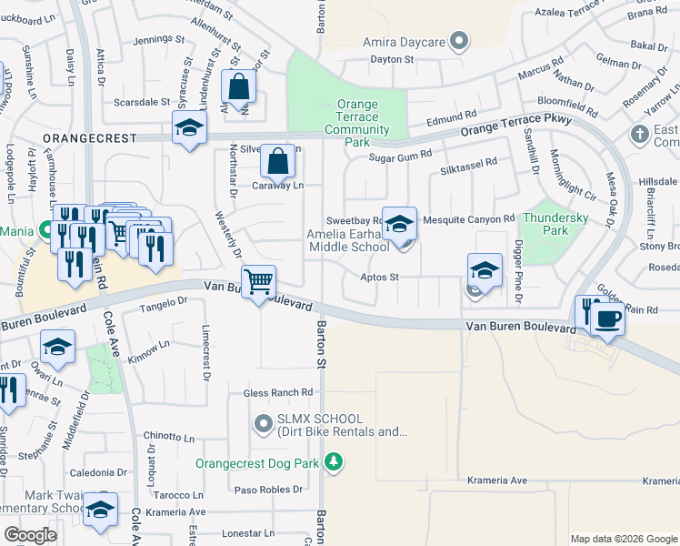 map of restaurants, bars, coffee shops, grocery stores, and more near 20083 Aptos Street in Riverside