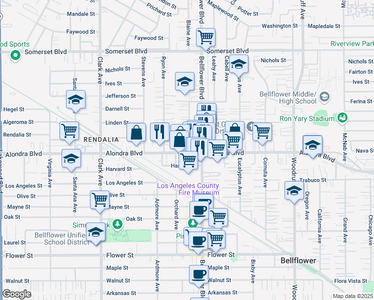 map of restaurants, bars, coffee shops, grocery stores, and more near 9727 Alondra Boulevard in Bellflower