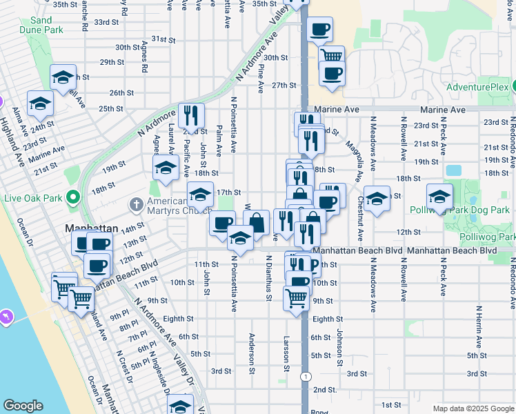 map of restaurants, bars, coffee shops, grocery stores, and more near 1421 Pine Avenue in Manhattan Beach