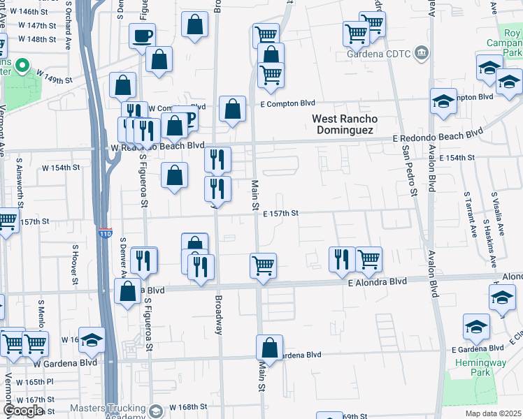 map of restaurants, bars, coffee shops, grocery stores, and more near 15626 Main Street in Gardena