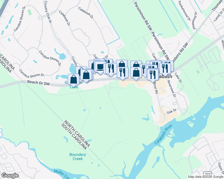 map of restaurants, bars, coffee shops, grocery stores, and more near 10157 Beach Drive Southwest in Calabash