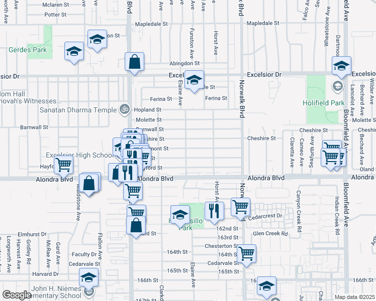 map of restaurants, bars, coffee shops, grocery stores, and more near 12002 Lowemont Street in Norwalk