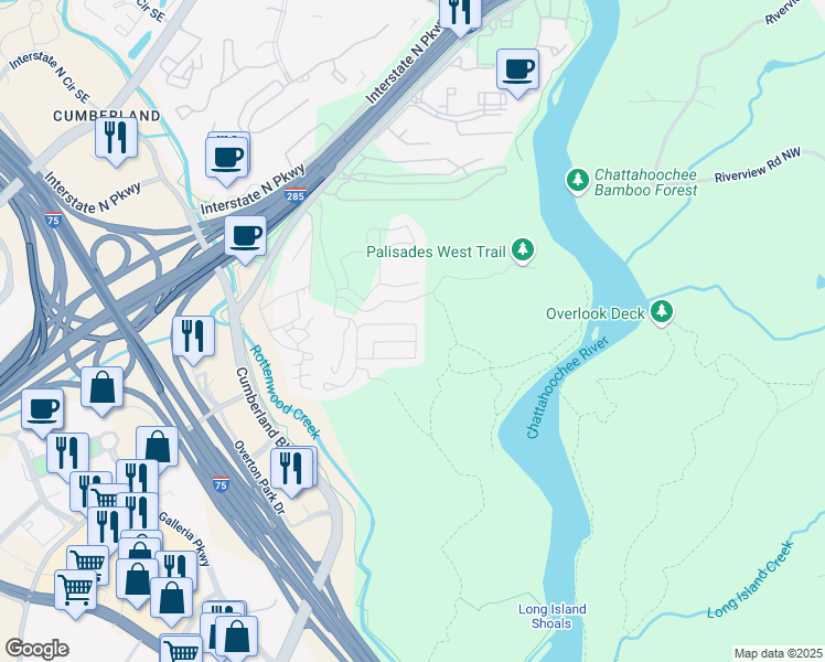 map of restaurants, bars, coffee shops, grocery stores, and more near 3788 Chattahoochee Summit Drive Southeast in Atlanta