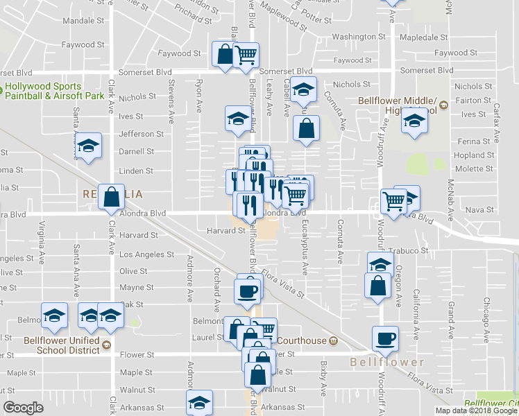 map of restaurants, bars, coffee shops, grocery stores, and more near 15792 Bellflower Boulevard in Bellflower